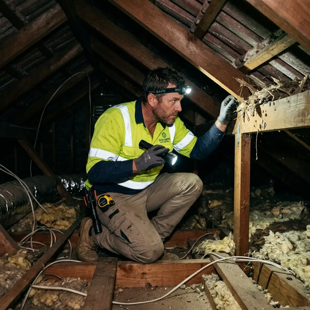 Technician inspecting a roof cavity for a dead animal in Toorak